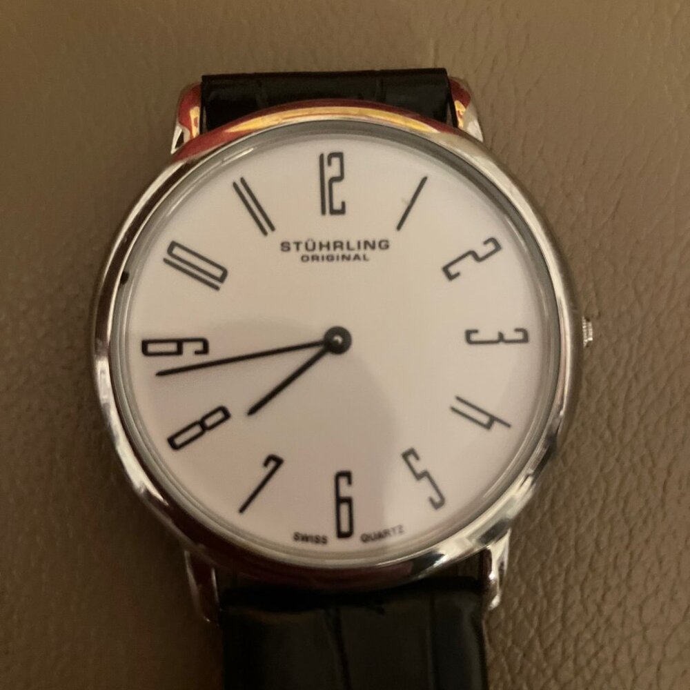 Sturhling Men's watch with white face, black numbers and black leather band